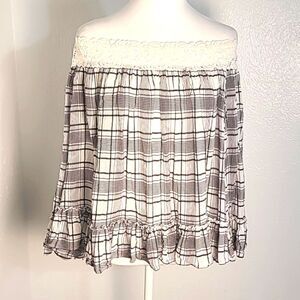 LOFT Off Shoulder Top, Black & White Plaid, Ruffle Hem, Embroidered Lace, Sz Med